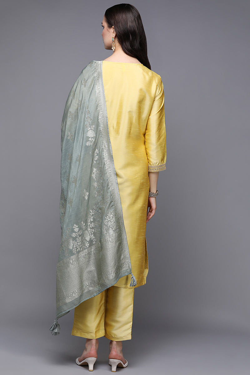Yellow Poly Silk Floral Straight Suit Set | SHOBITAM