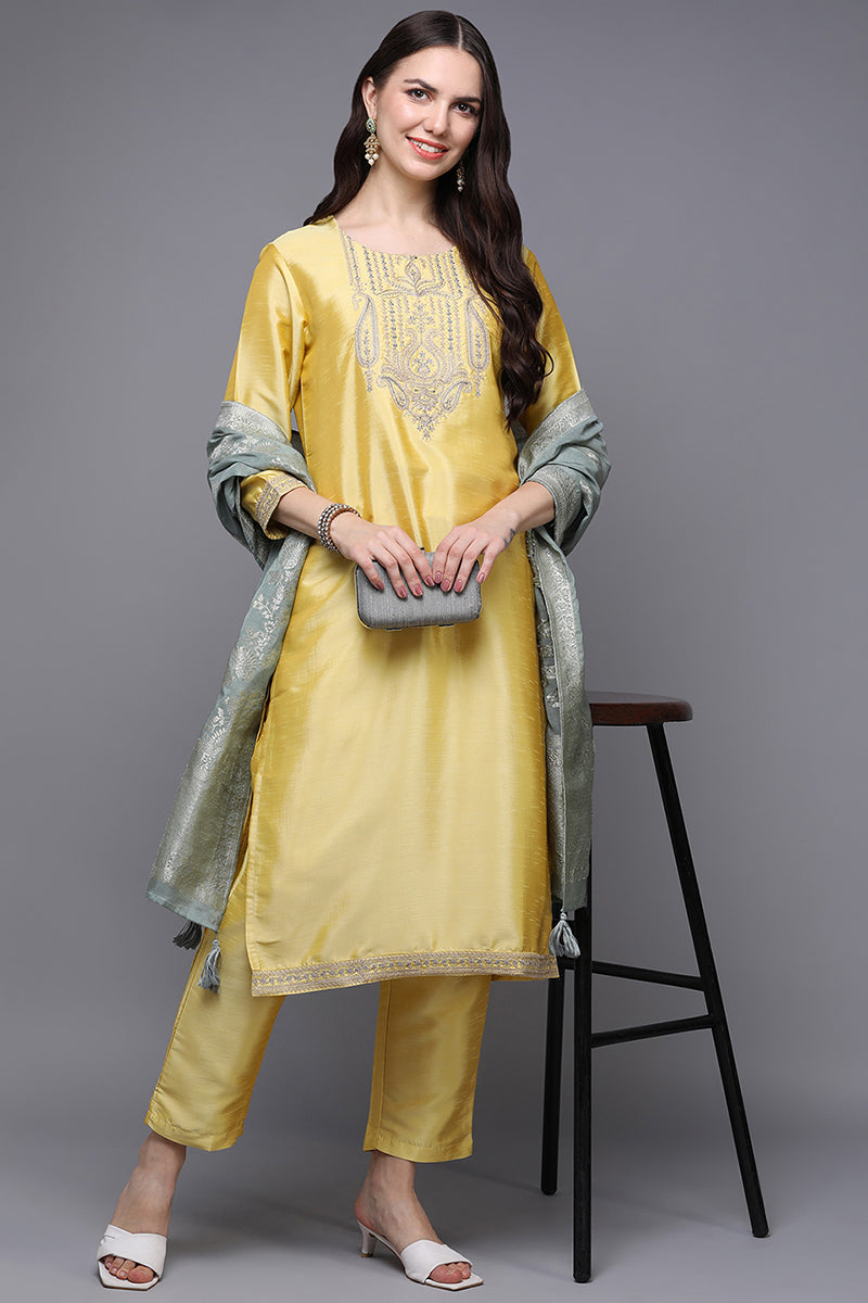 Yellow Poly Silk Floral Straight Suit Set | SHOBITAM
