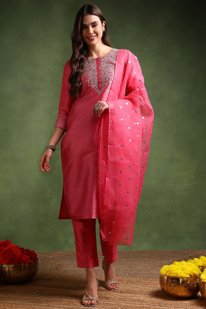 Pink Poly Silk Solid Yoke Design Kurta Trousers With Dupatta | SHOBITAM