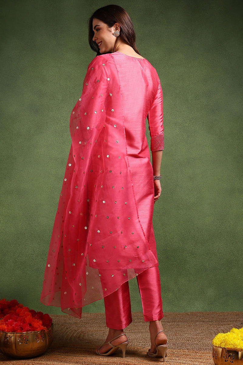 Pink Poly Silk Solid Yoke Design Kurta Trousers With Dupatta | SHOBITAM