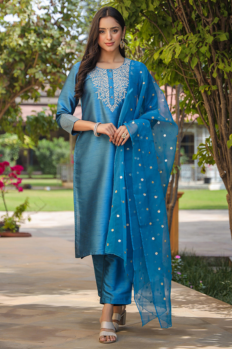 Blue Poly Silk Solid Yoke Design Kurta Trousers With Dupatta | SHOBITAM