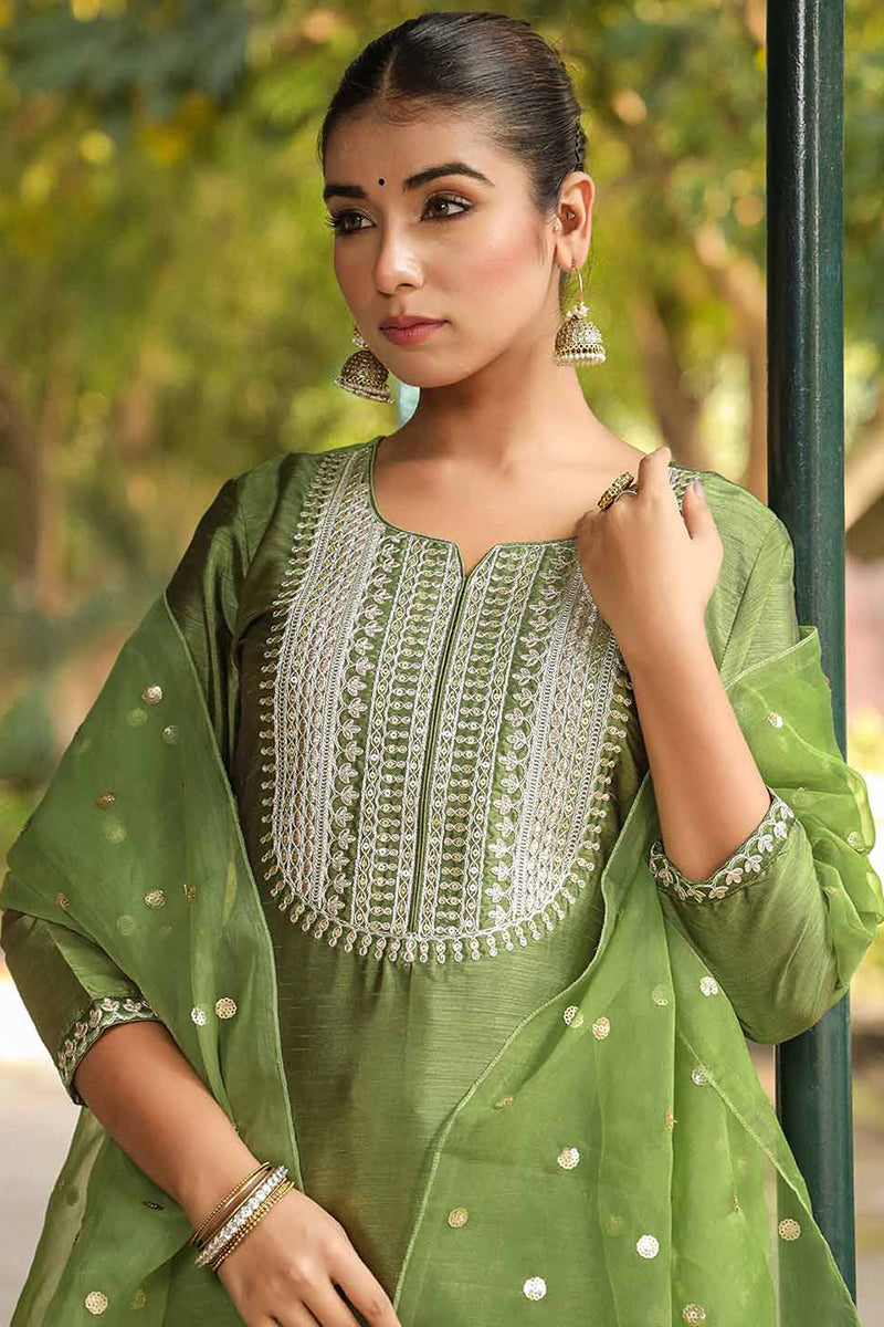 Green Poly Silk Solid Yoke Design Suit Set | SHOBITAM