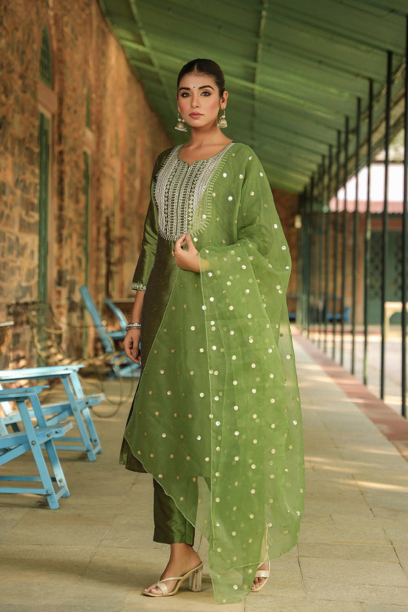 Green Poly Silk Solid Yoke Design Suit Set | SHOBITAM