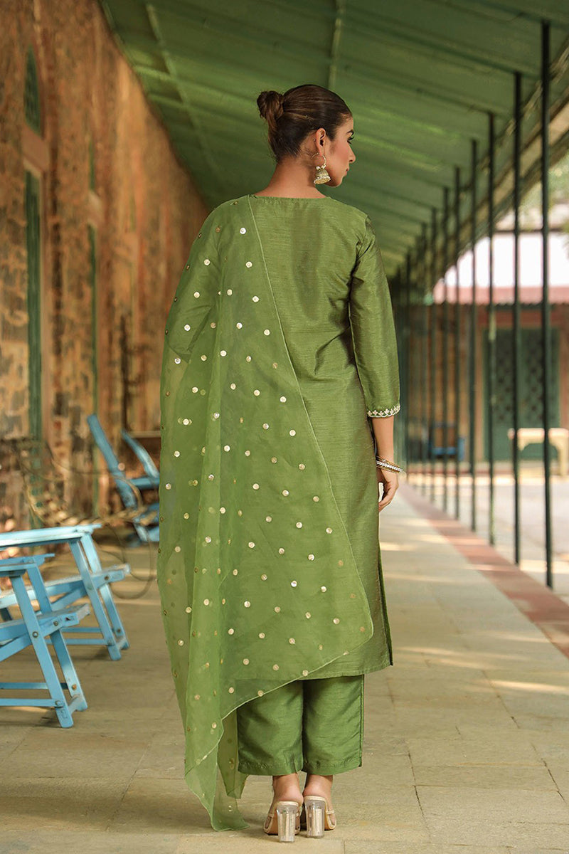 Green Poly Silk Solid Yoke Design Suit Set | SHOBITAM