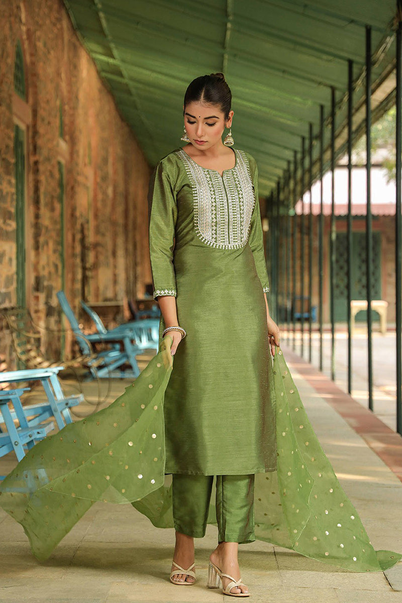 Green Poly Silk Solid Yoke Design Suit Set | SHOBITAM