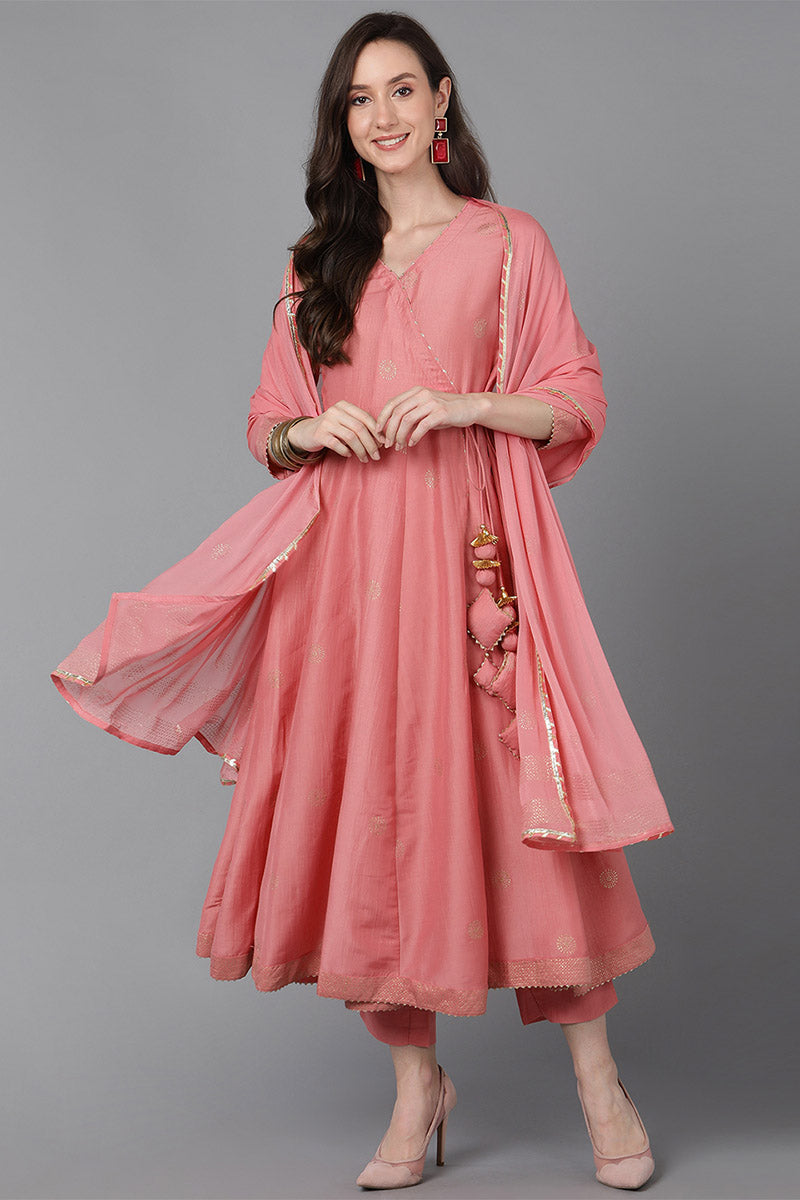 Pink Poly Silk Solid Solid Kurta Trousers With Dupatta | SHOBITAM