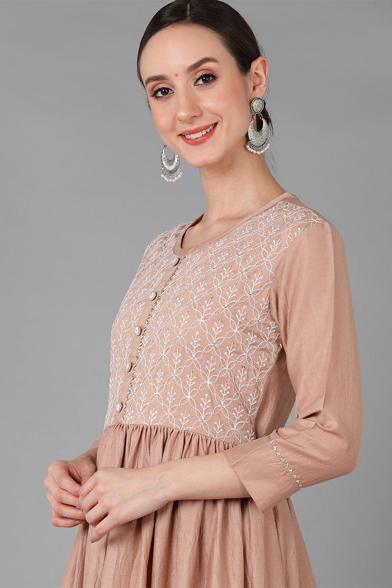 Beige Silk Blend Yoke Design Solid Suit Set | SHOBITAM