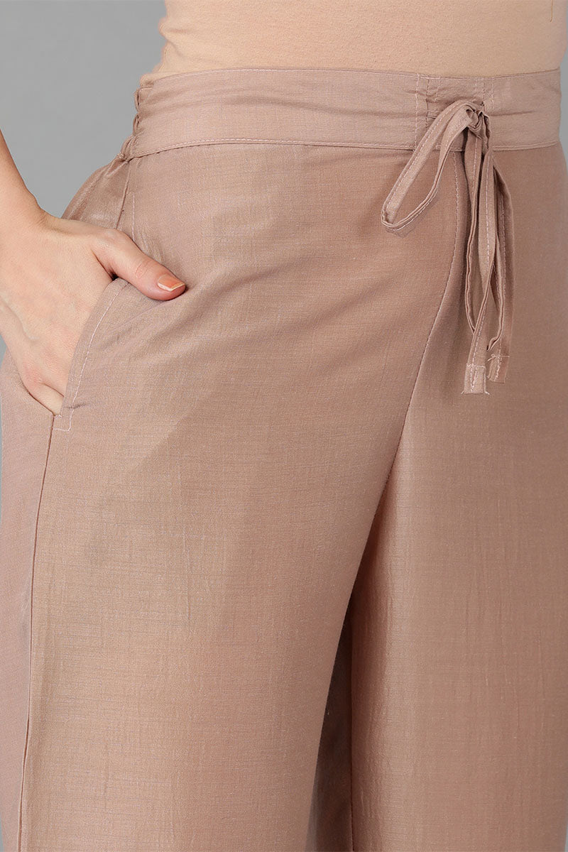 Beige Silk Blend Yoke Design Solid Suit Set | SHOBITAM