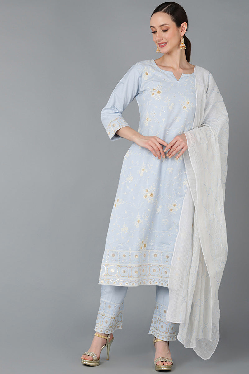 Light Blue Cotton Embroidered Ethnic Straight Kurta Pant With Dupatta | SHOBITAM