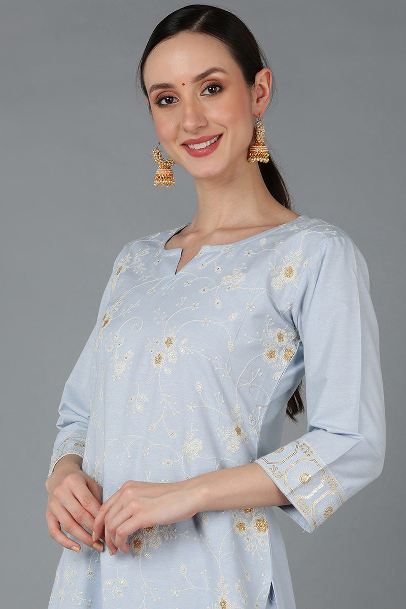 Light Blue Cotton Embroidered Ethnic Straight Kurta Pant With Dupatta | SHOBITAM