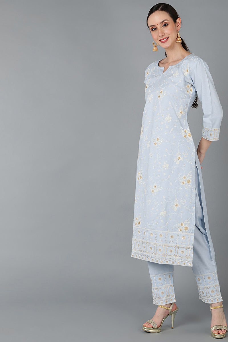 Light Blue Cotton Embroidered Ethnic Straight Kurta Pant With Dupatta | SHOBITAM