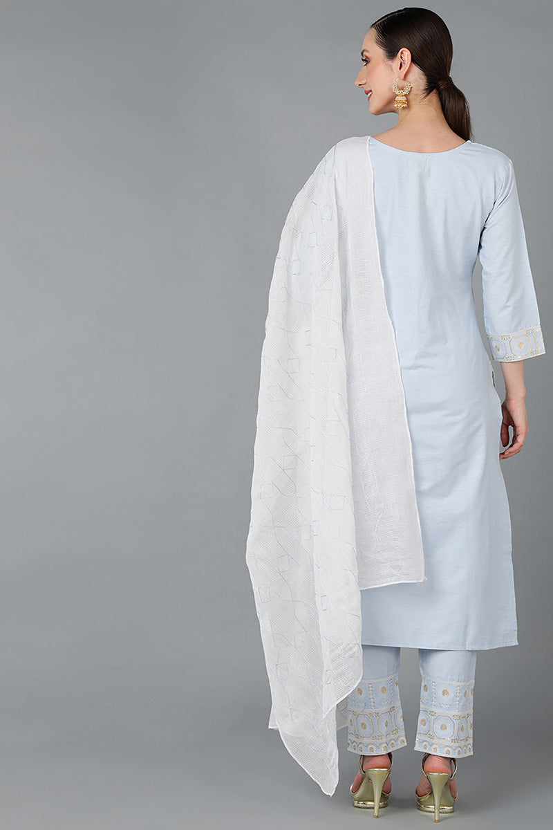 Light Blue Cotton Embroidered Ethnic Straight Kurta Pant With Dupatta | SHOBITAM