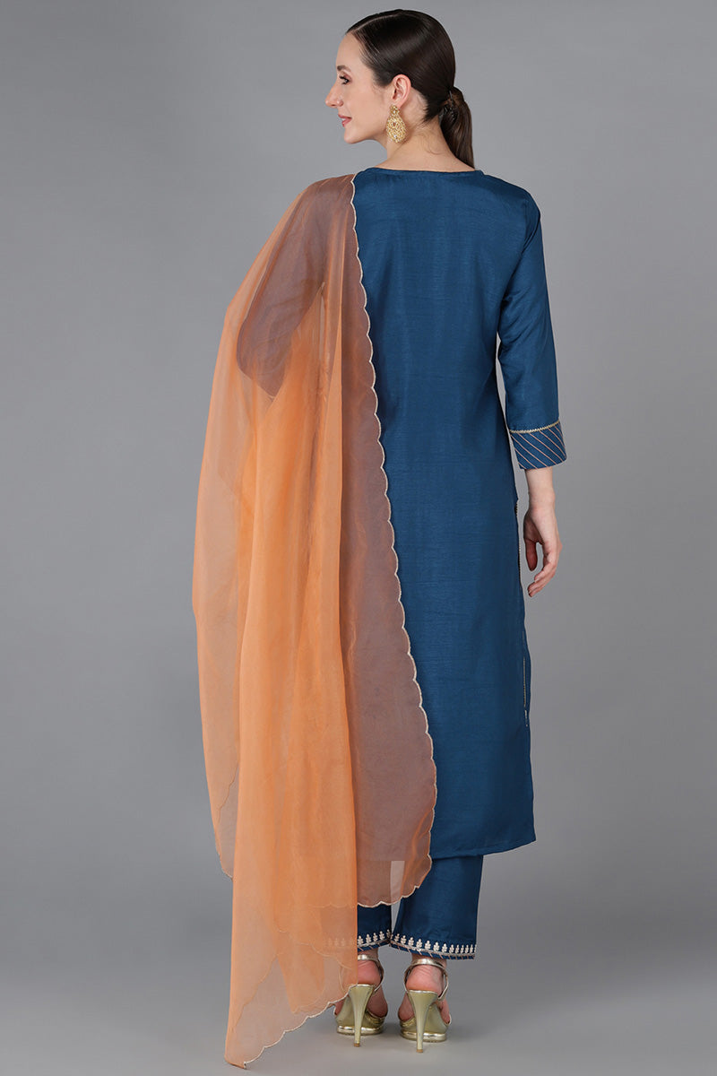 Teal Silk Blend Embroidered Kurta | SHOBITAM