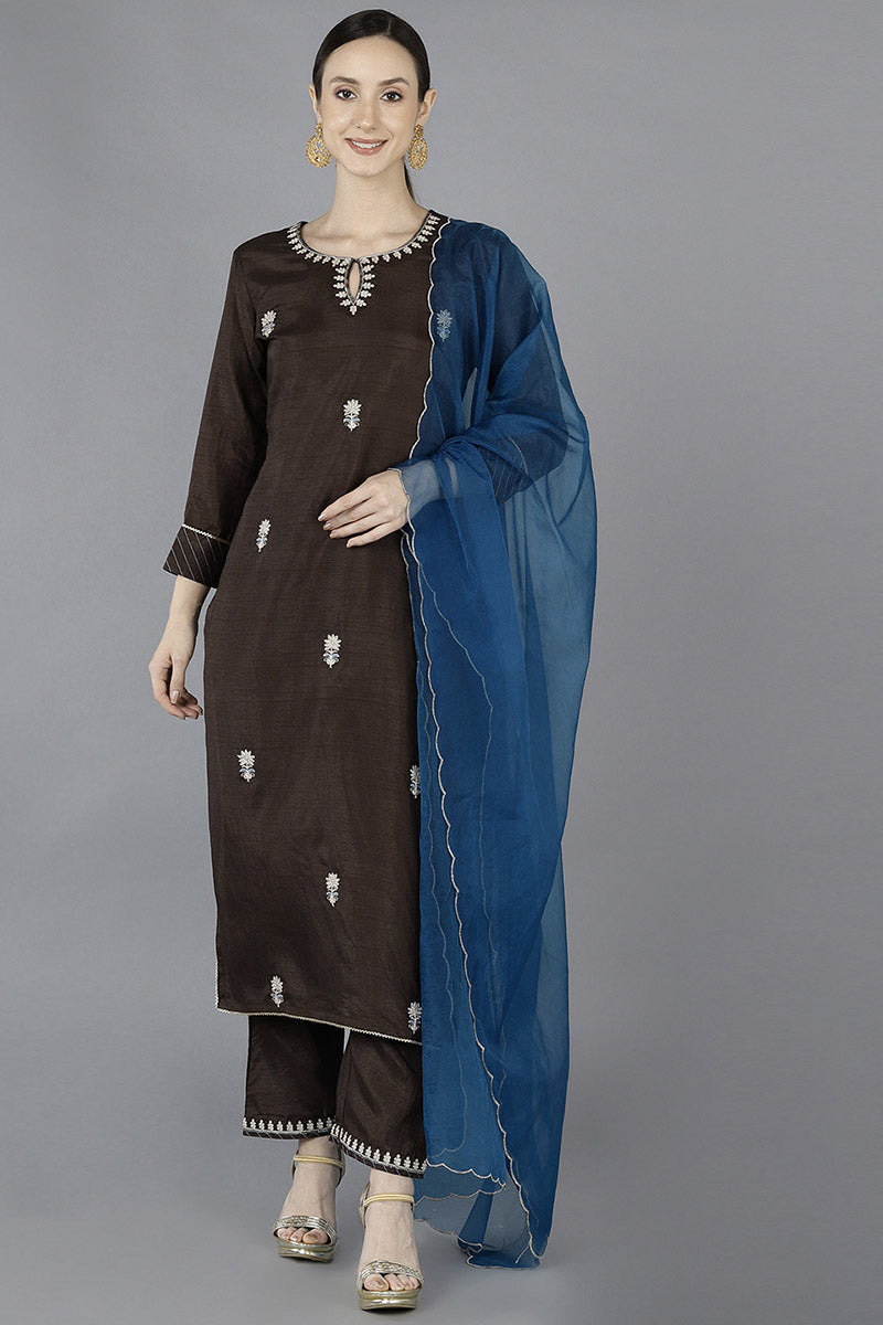 Grey Silk Blend Embroidered Kurta | SHOBITAM
