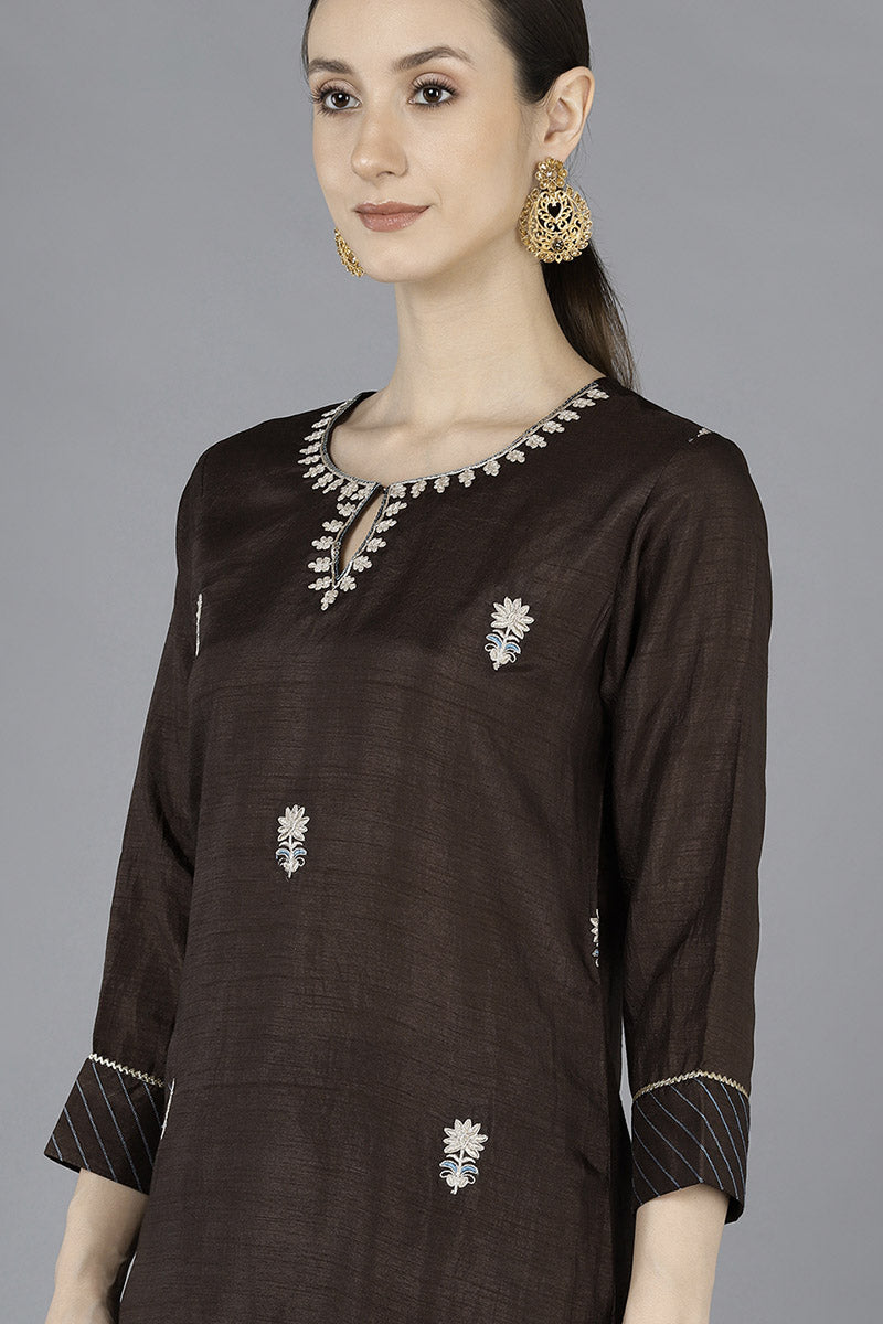 Grey Silk Blend Embroidered Kurta | SHOBITAM
