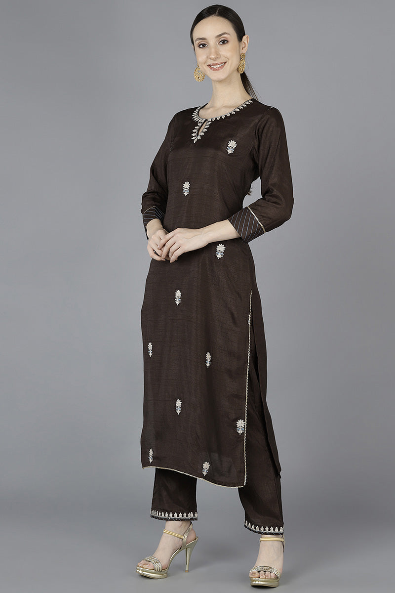 Grey Silk Blend Embroidered Kurta | SHOBITAM