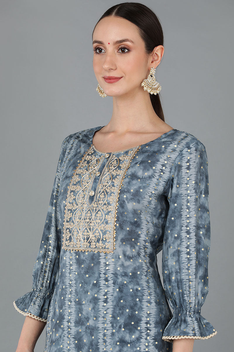Charcoal Blue Silk Blend Ethnic Motifs Straight Trouser Suit Set | SHOBITAM