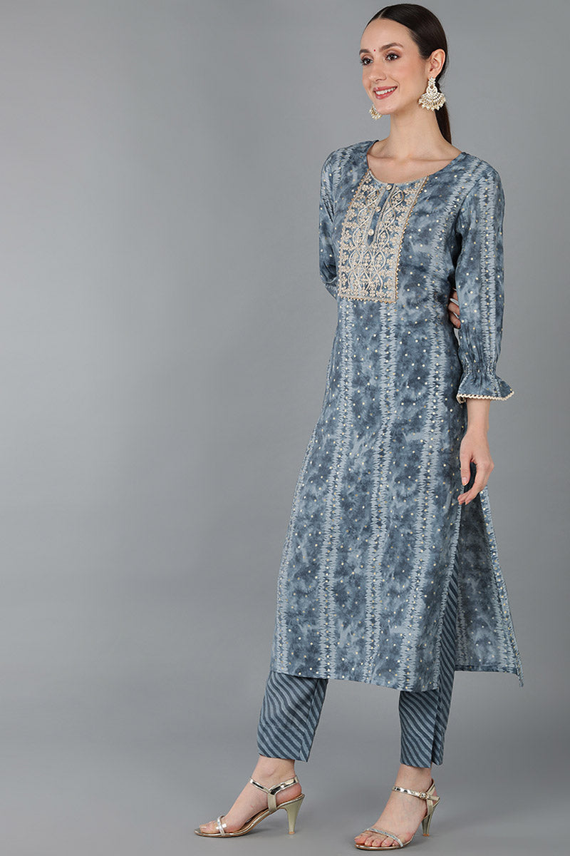 Charcoal Blue Silk Blend Ethnic Motifs Straight Trouser Suit Set | SHOBITAM