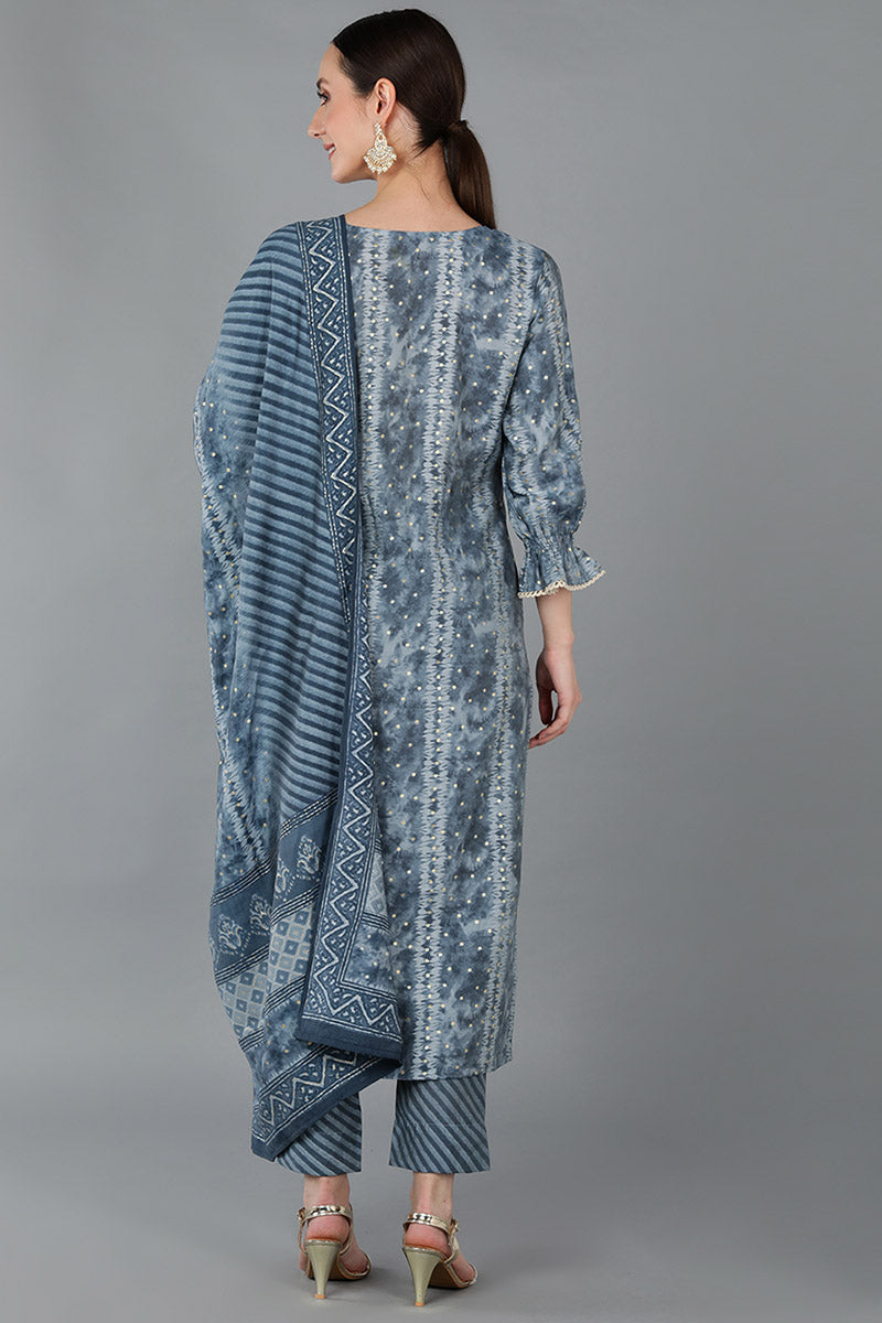 Charcoal Blue Silk Blend Ethnic Motifs Straight Trouser Suit Set | SHOBITAM