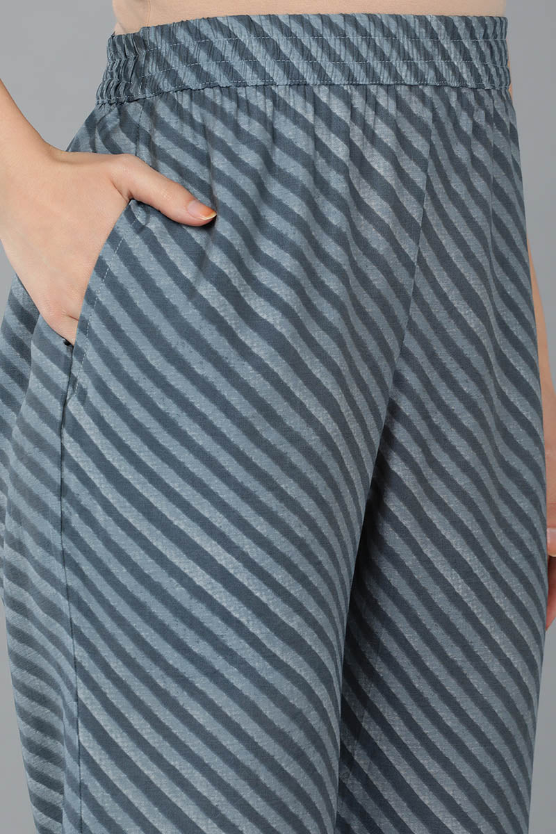 Charcoal Blue Silk Blend Ethnic Motifs Straight Trouser Suit Set | SHOBITAM