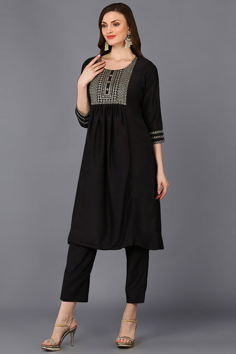 Black Silk Blend Solid Straight Suit Set | SHOBITAM