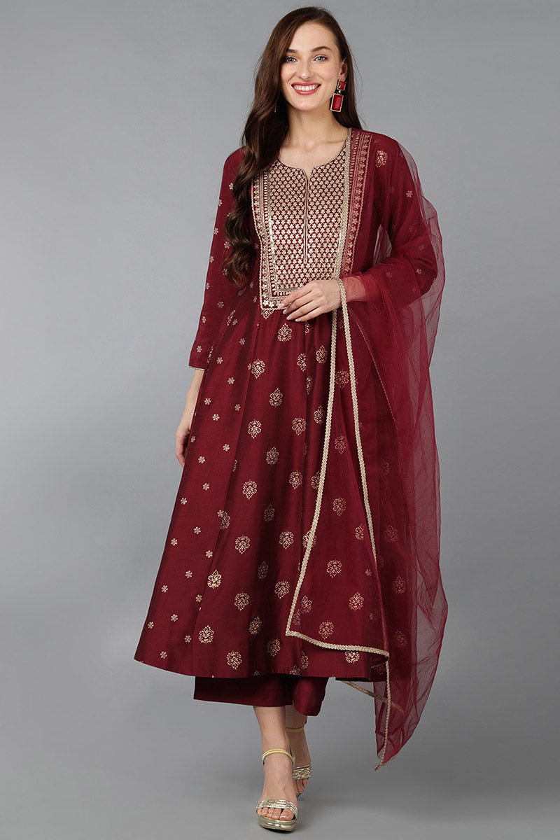 Maroon Silk Blend Woven Design Anarkali Suit Set | SHOBITAM