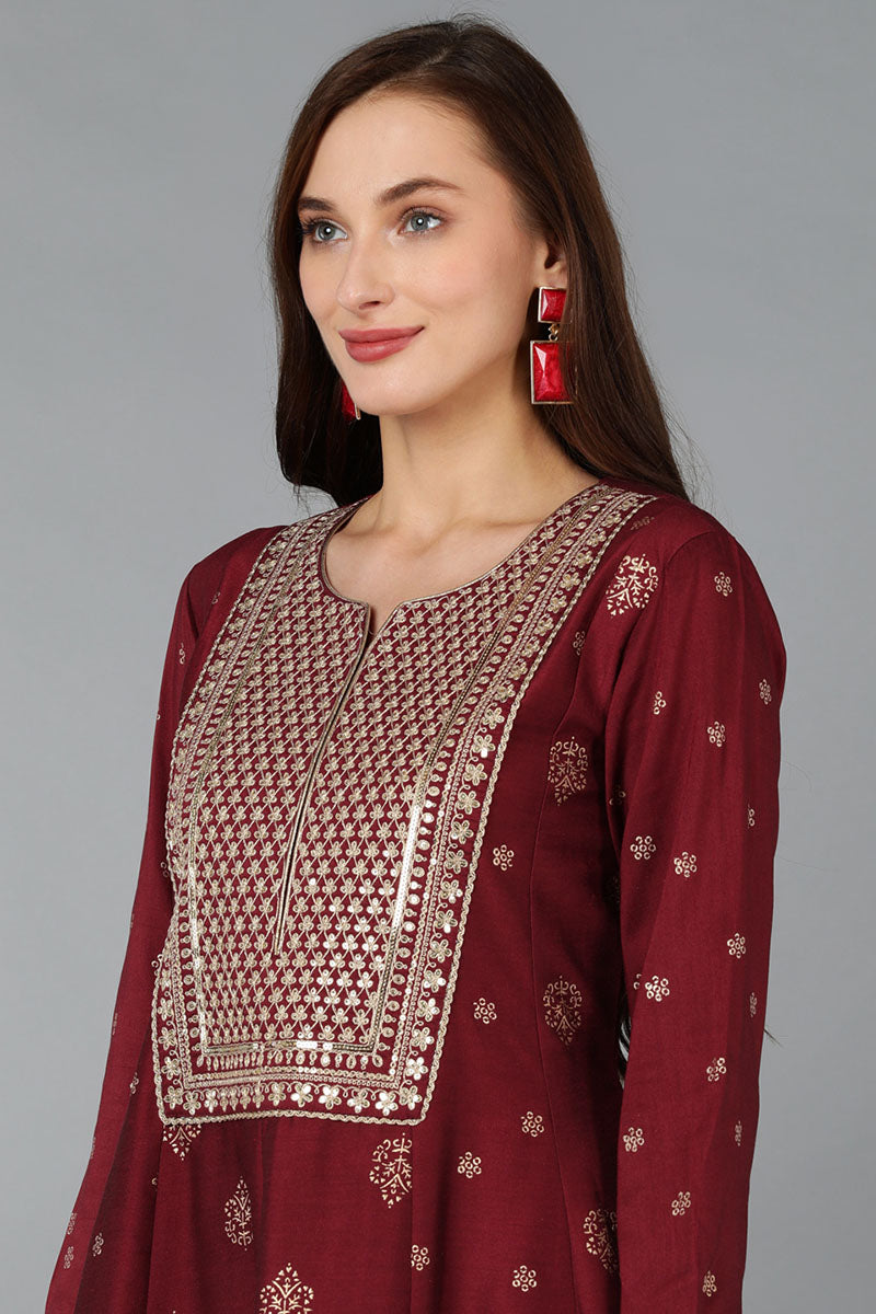 Maroon Silk Blend Woven Design Anarkali Suit Set | SHOBITAM
