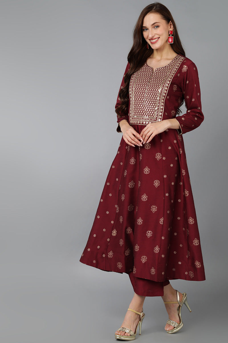 Maroon Silk Blend Woven Design Anarkali Suit Set | SHOBITAM