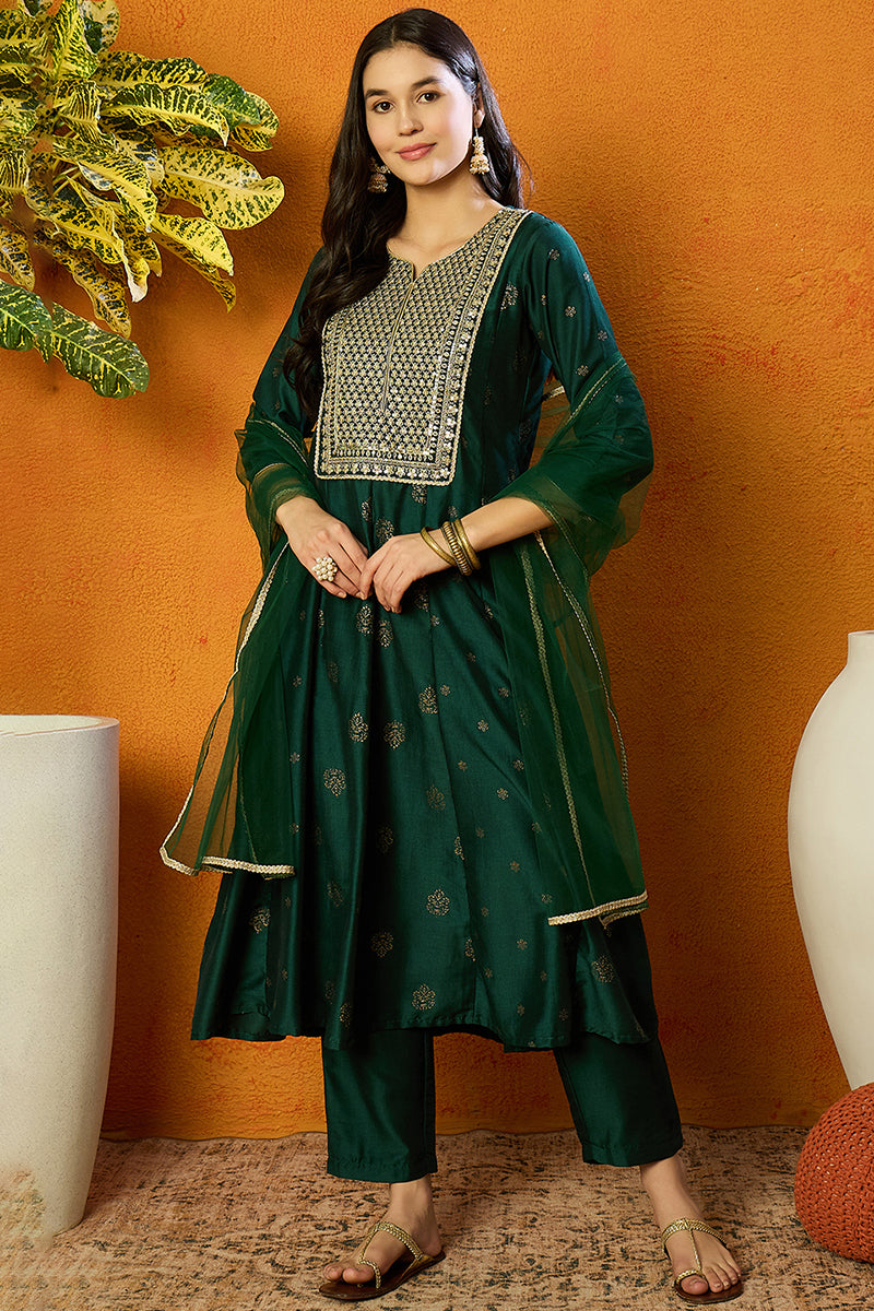 Green Silk Blend Woven Design Anarkali Suit Set | SHOBITAM