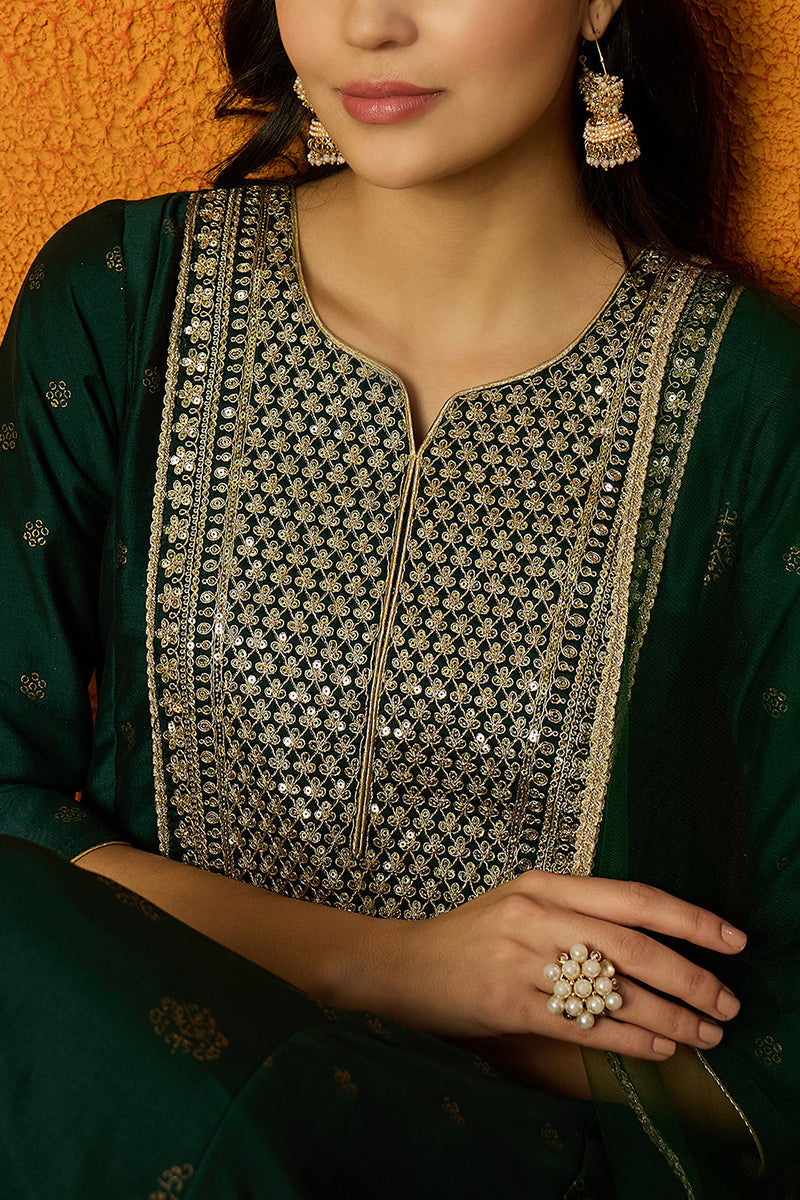 Green Silk Blend Woven Design Anarkali Suit Set | SHOBITAM
