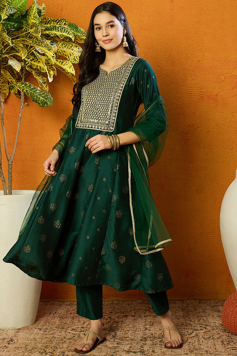 Green Silk Blend Woven Design Anarkali Suit Set | SHOBITAM