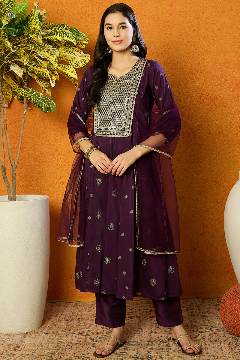 Purple Silk Blend Woven Design Anarkali Suit Set | SHOBITAM