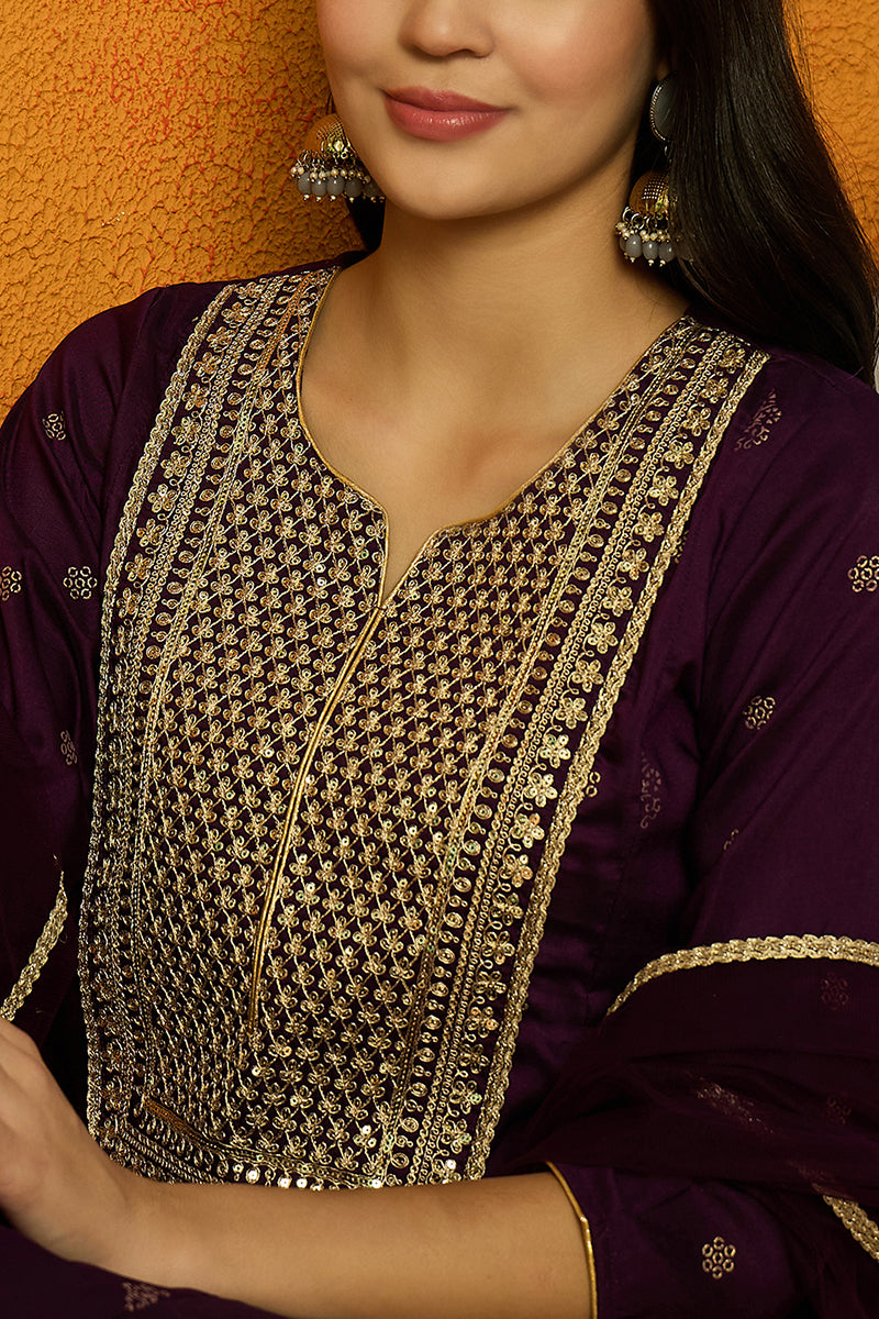 Purple Silk Blend Woven Design Anarkali Suit Set | SHOBITAM
