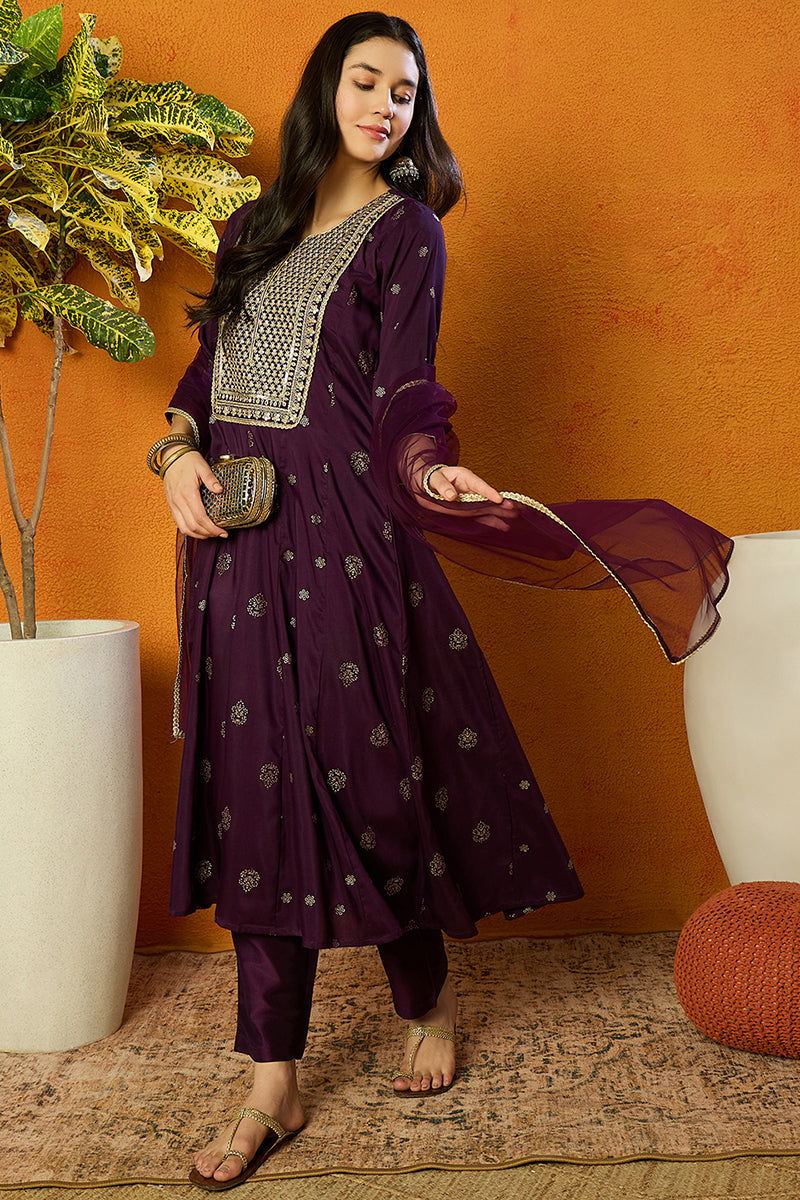 Purple Silk Blend Woven Design Anarkali Suit Set | SHOBITAM