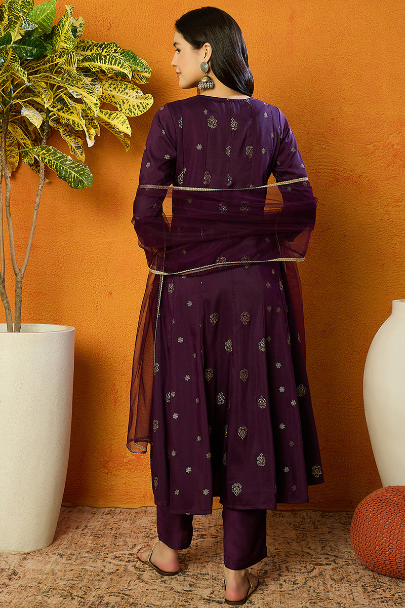 Purple Silk Blend Woven Design Anarkali Suit Set | SHOBITAM