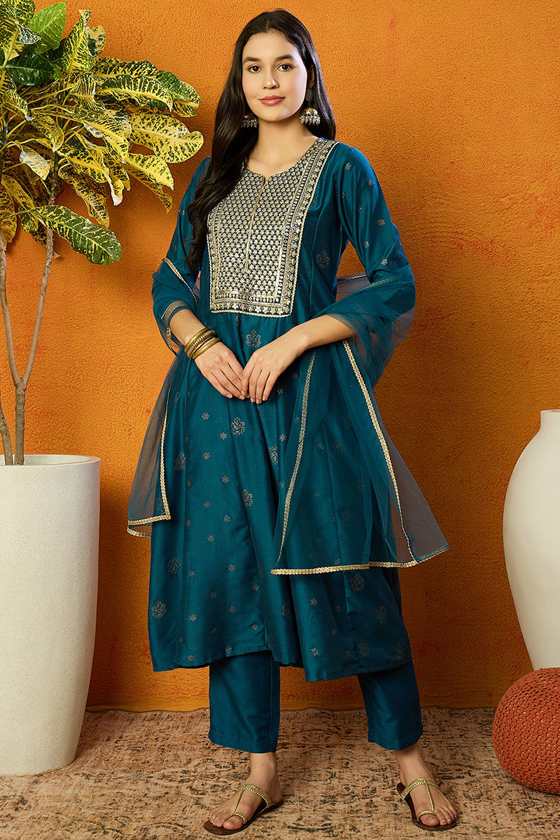 Teal Silk Blend Woven Design Anarkali Suit Set | SHOBITAM
