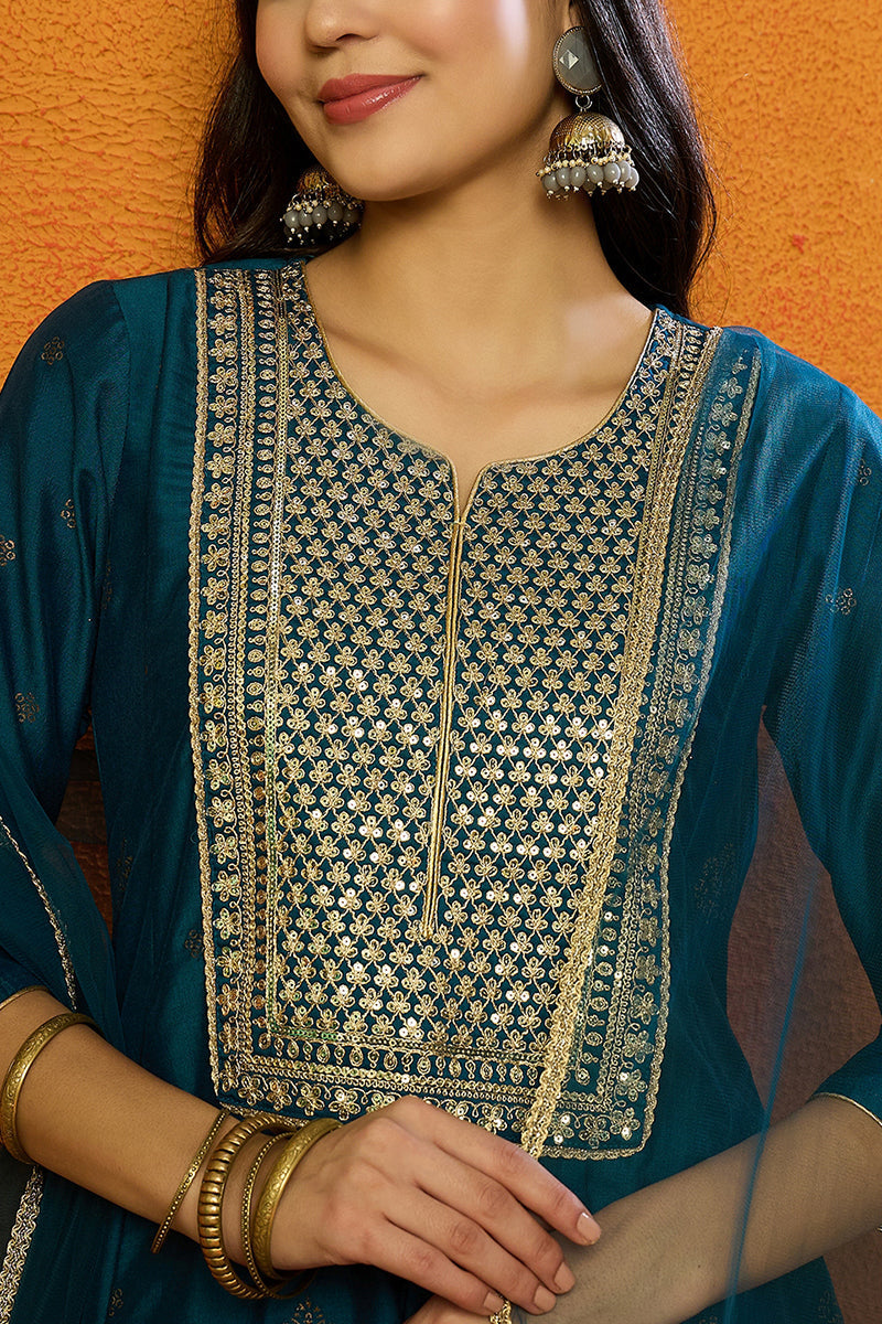 Teal Silk Blend Woven Design Anarkali Suit Set | SHOBITAM
