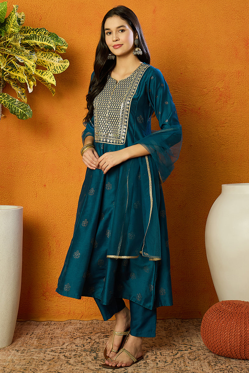 Teal Silk Blend Woven Design Anarkali Suit Set | SHOBITAM