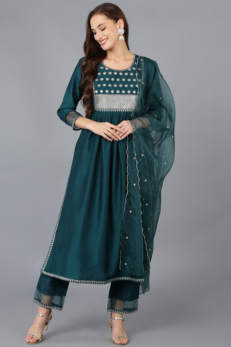 Teal Silk Blend Solid A-Line Kurta Trousers With Dupatta | SHOBITAM