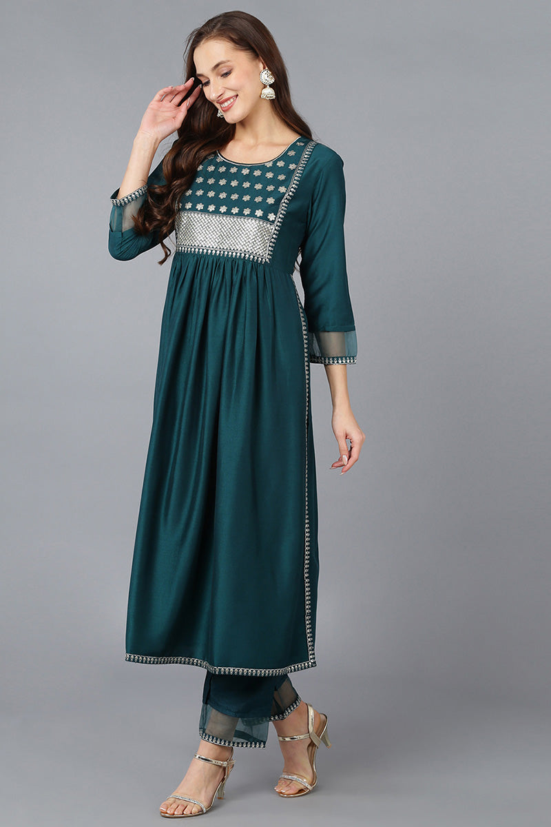 Teal Silk Blend Solid A-Line Kurta Trousers With Dupatta | SHOBITAM