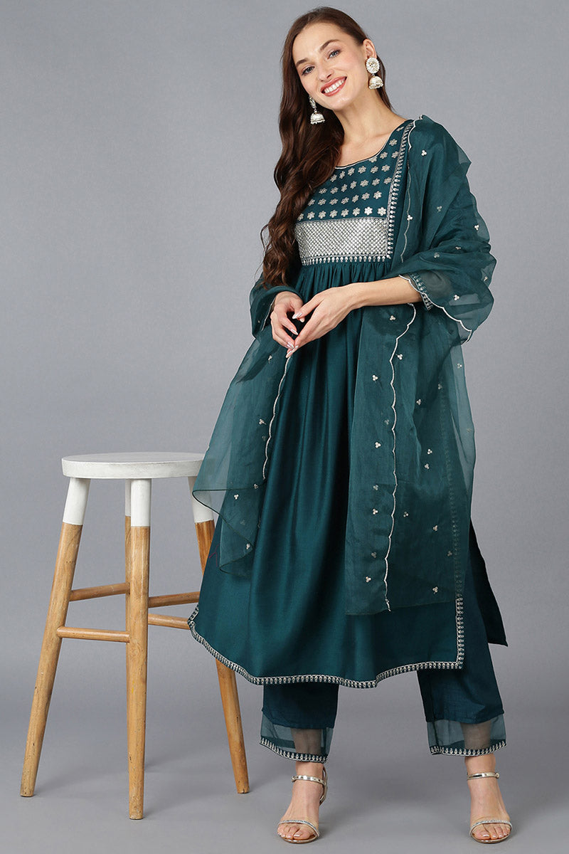 Teal Silk Blend Solid A-Line Kurta Trousers With Dupatta | SHOBITAM