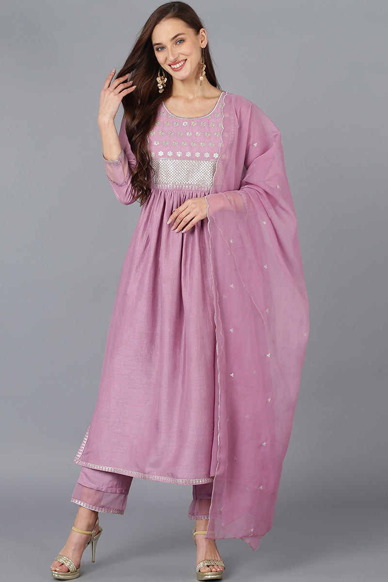 Lavender Silk Blend Solid Straight Kurta Trousers With Dupatta | SHOBITAM