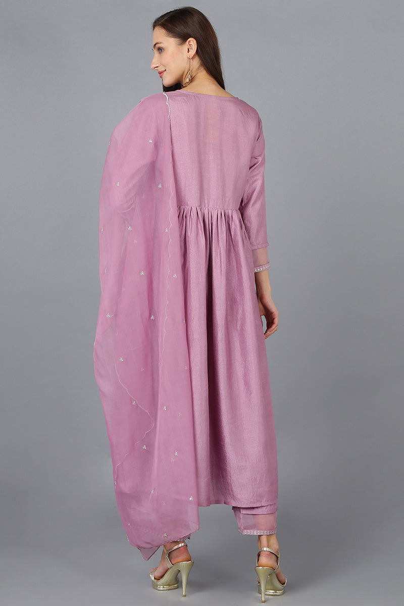 Lavender Silk Blend Solid Straight Kurta Trousers With Dupatta | SHOBITAM