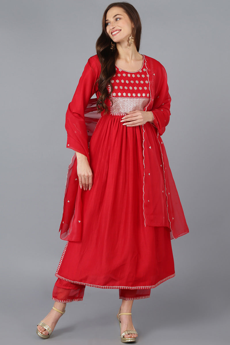 Red Silk Blend Solid Straight Kurta Trousers With Dupatta | SHOBITAM