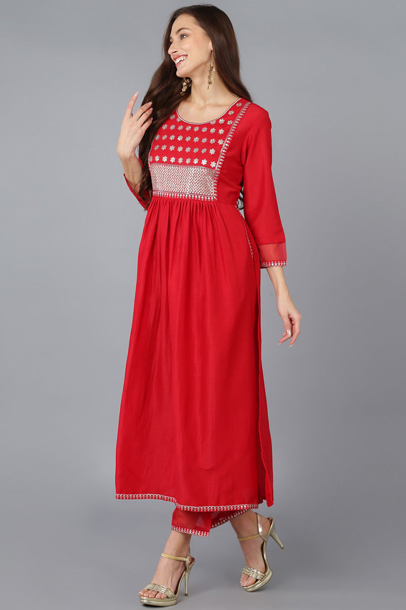 Red Silk Blend Solid Straight Kurta Trousers With Dupatta | SHOBITAM