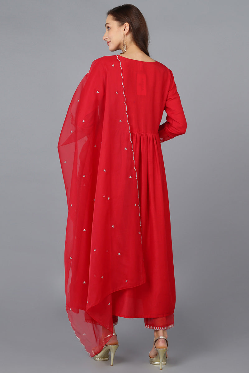 Red Silk Blend Solid Straight Kurta Trousers With Dupatta | SHOBITAM