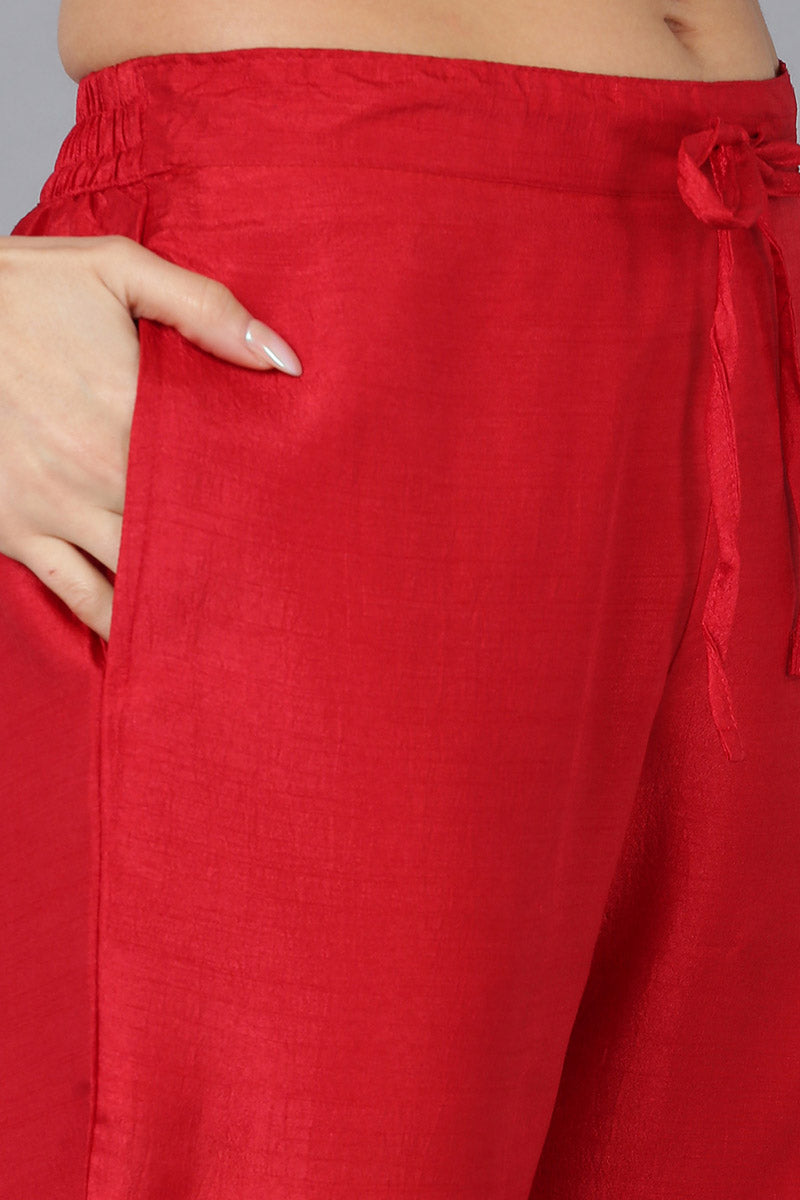 Red Silk Blend Solid Straight Kurta Trousers With Dupatta | SHOBITAM