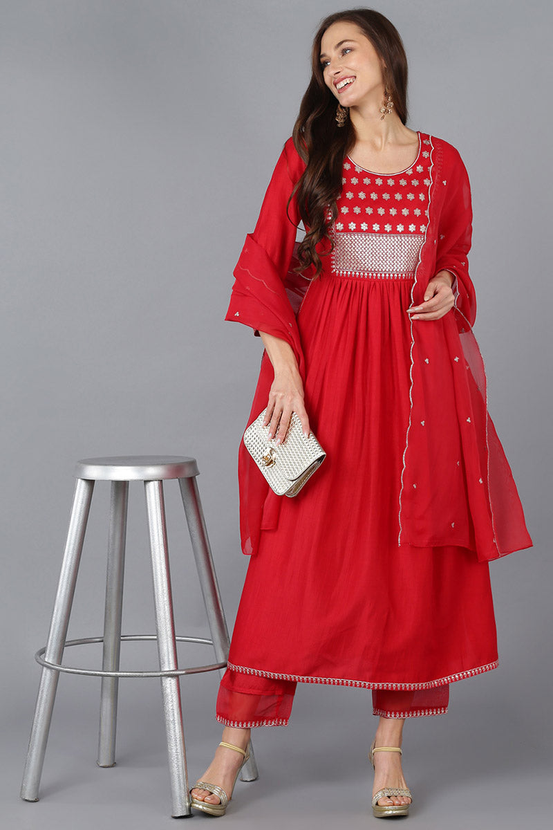 Red Silk Blend Solid Straight Kurta Trousers With Dupatta | SHOBITAM