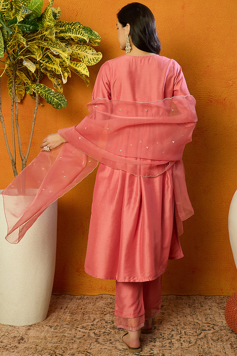 Coral Pink Silk Blend Solid Straight Trouser Suit Set | SHOBITAM