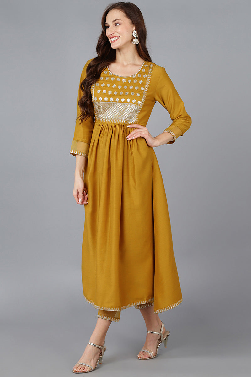 Mustard Silk Blend Solid A-Line Kurta Trousers With Dupatta | SHOBITAM